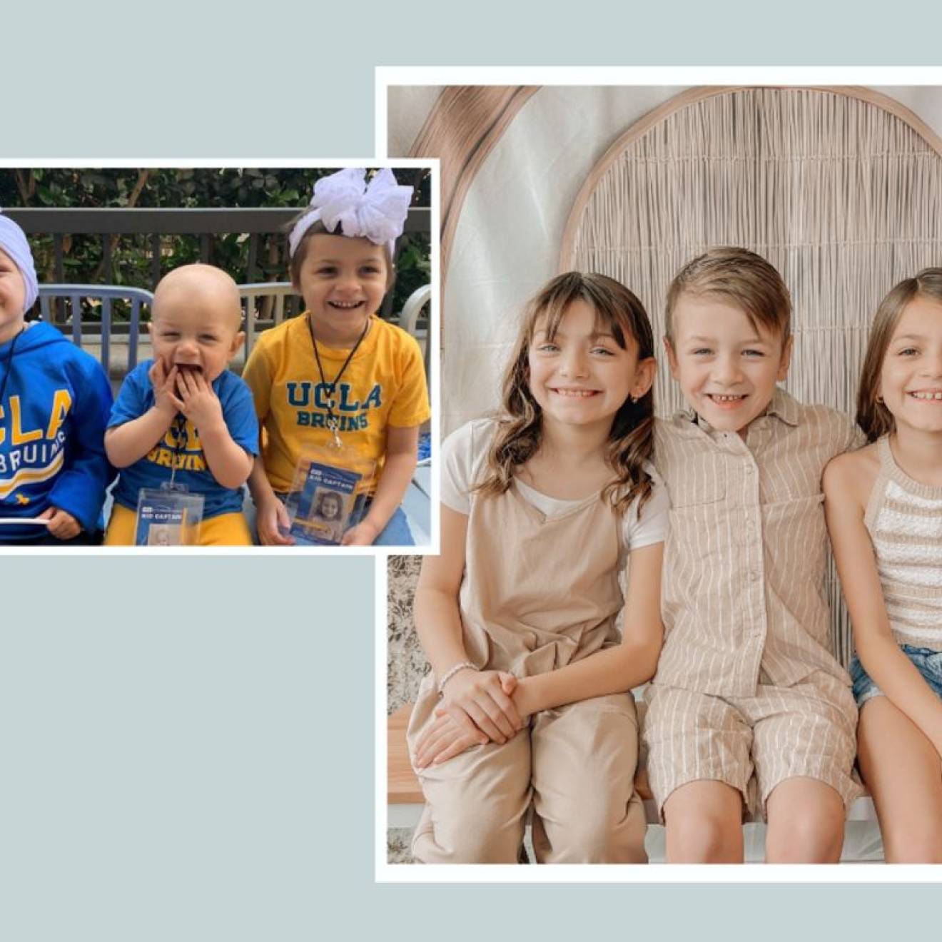 A collage with, on the left, a small photo of very young children in UCLA gear; on the right, of the same children older