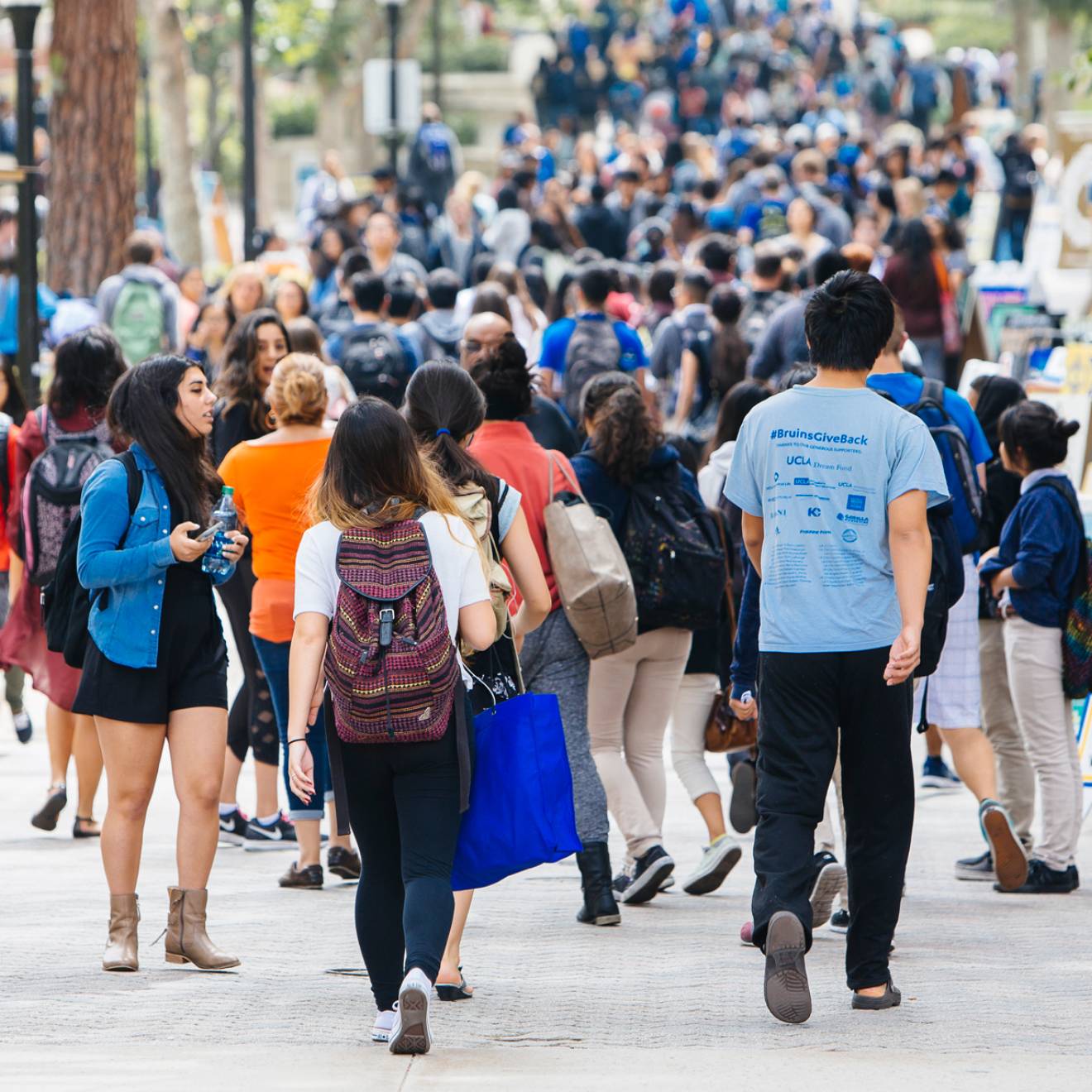 A UC campus outdoor walkway filled with students