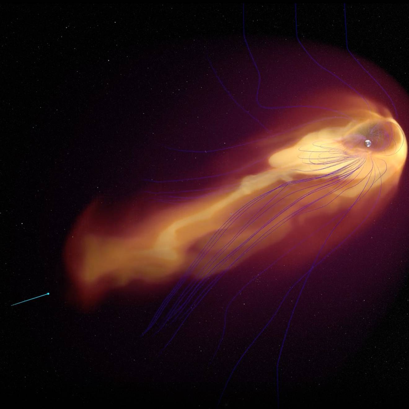 A visualization of two thin blue dashes, the satellites, behind what looks like a fireball in the sky, but is actually a magnetic field