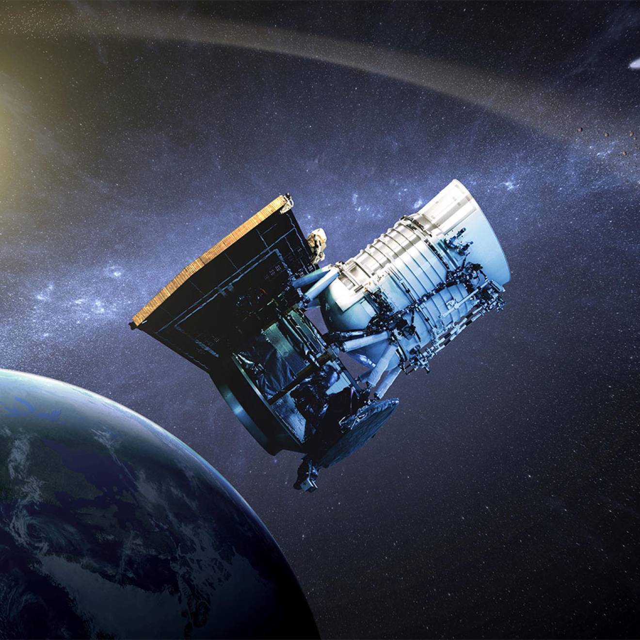 This artist's concept shows the Wide-field Infrared Survey Explorer, or WISE spacecraft, in its orbit around Earth. 
