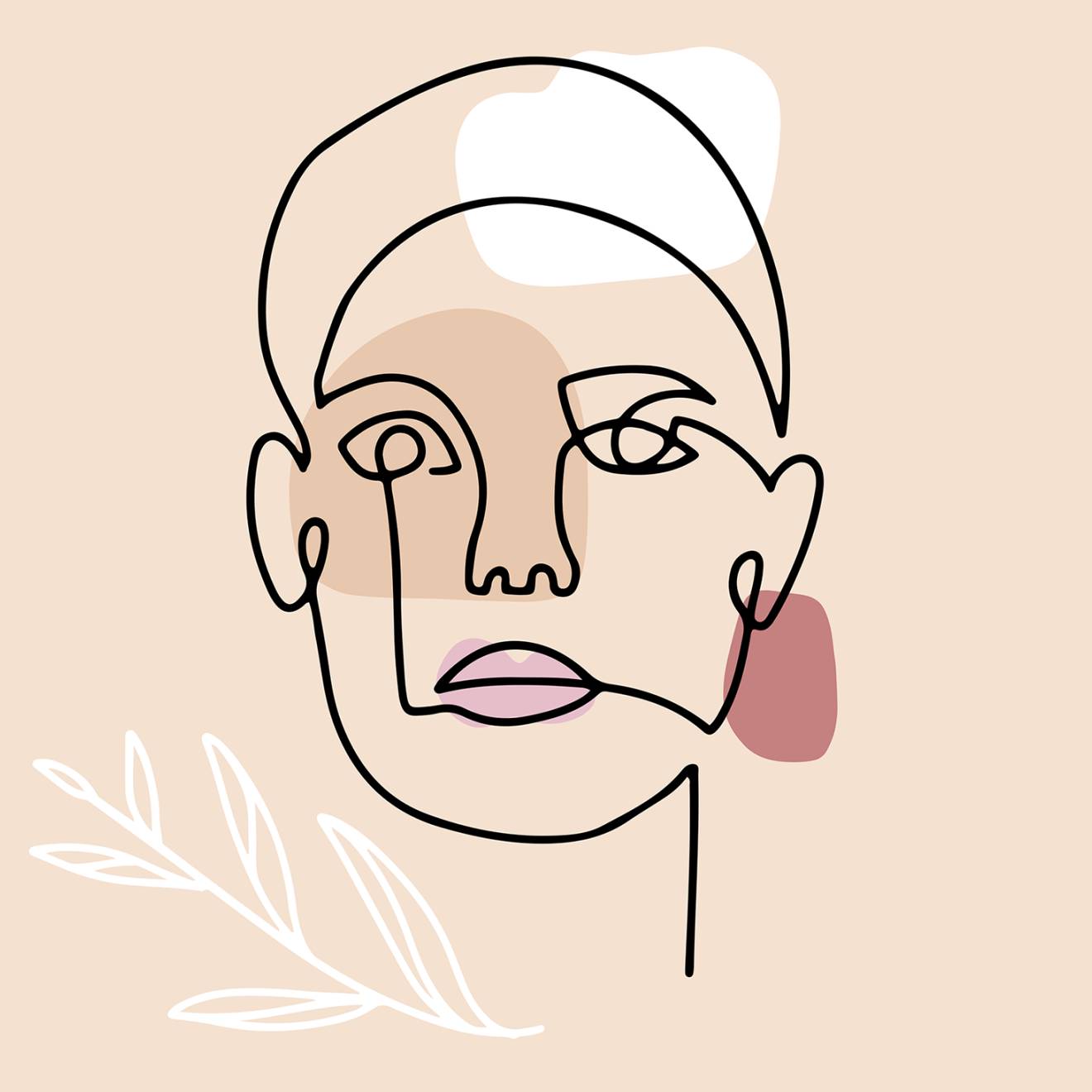 A line drawing of a woman's head on a warm beige background
