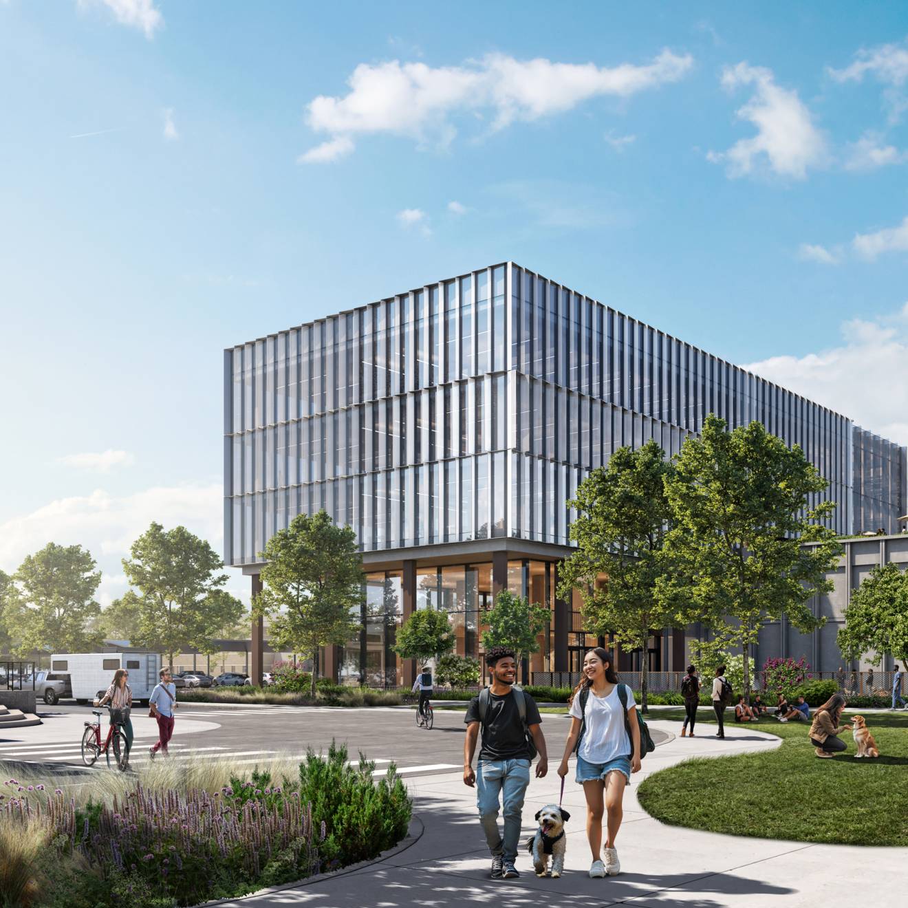 An artist's rendering of a new large building with people, including those walking dogs, around it