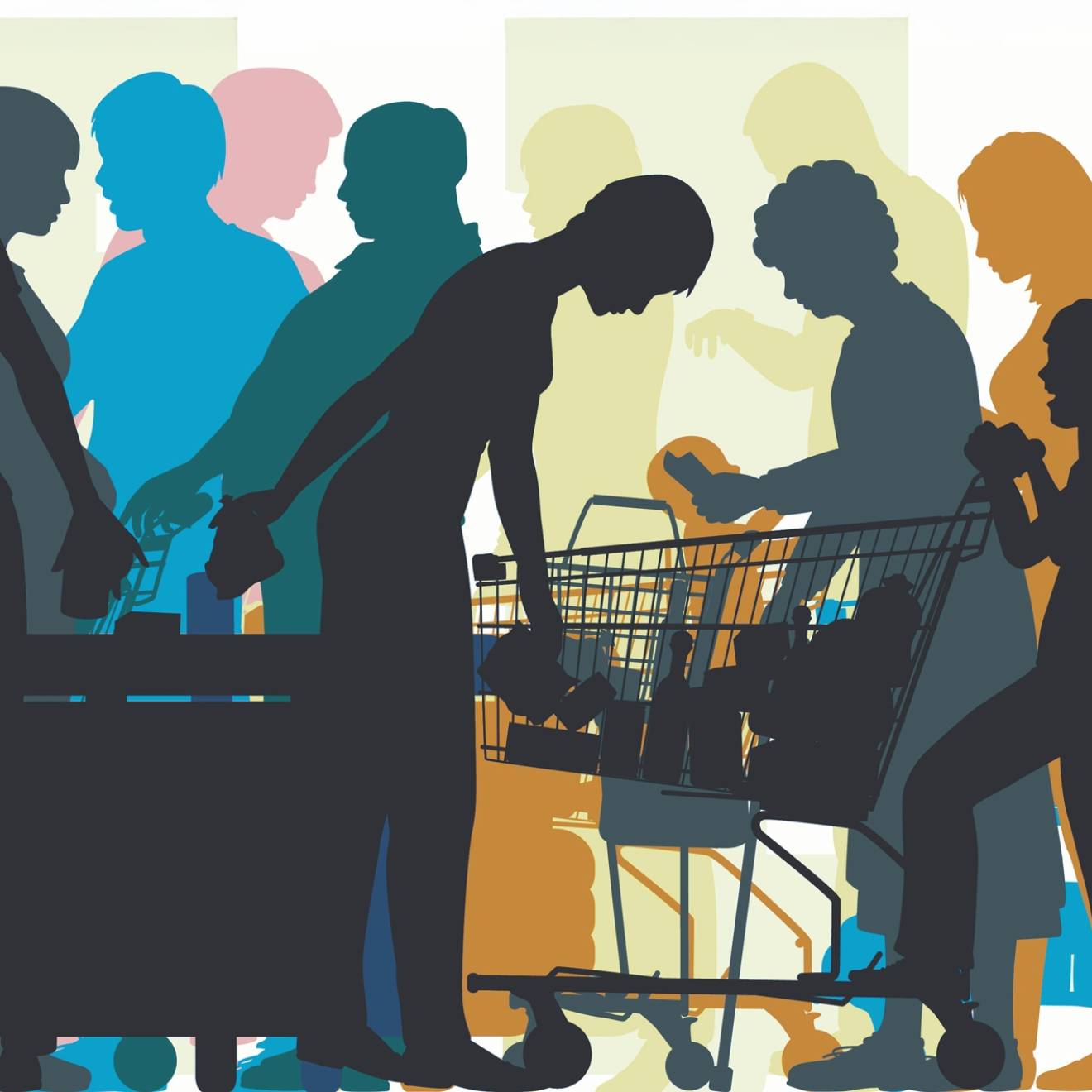 An illustration of silhouetted figures in line at a grocery story checkout, with a boy pushing a shopping cart