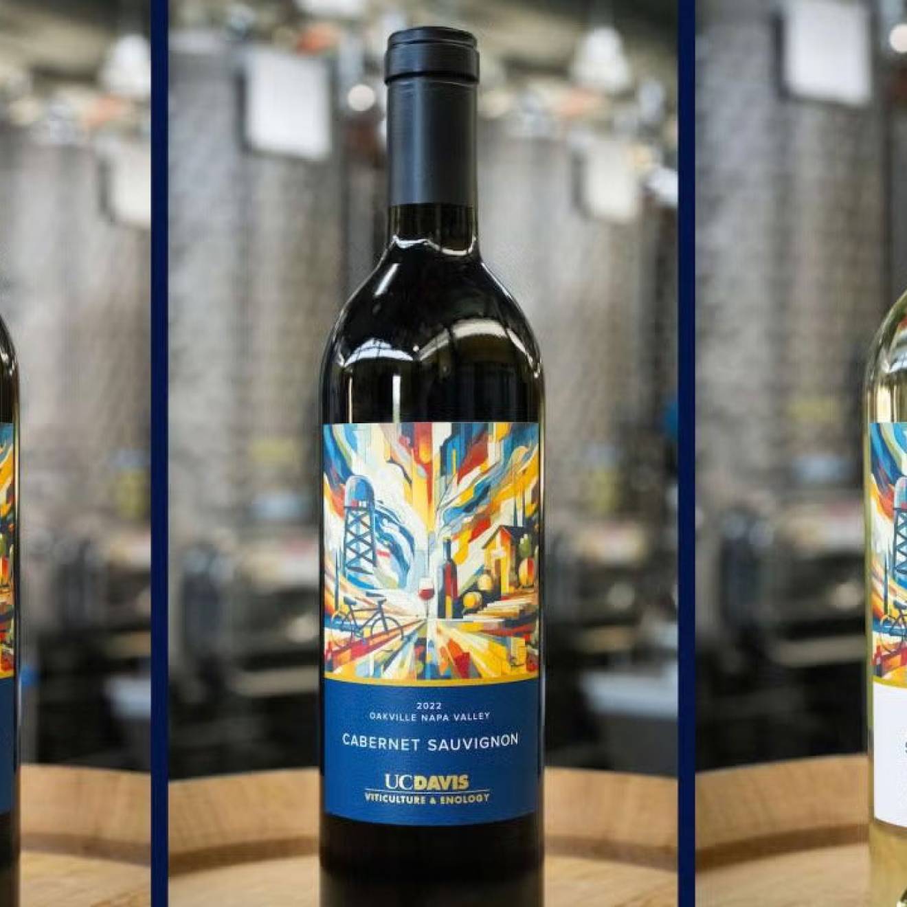 Three wine bottles, two red, one white