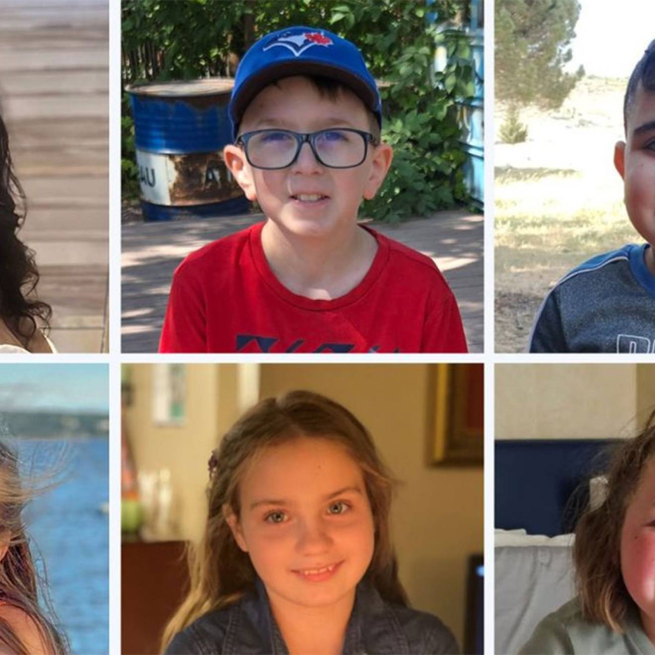 A 3x2 grid of kids' faces smiling at the camera in various settings