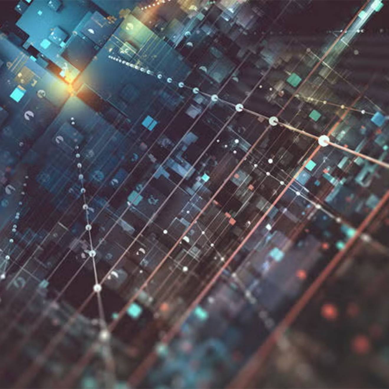 A conceptual illustration of the inside of a computer, with vector-like glowing lines running up the inside of a dark box, merging in a single glowing point in the upper left of the image