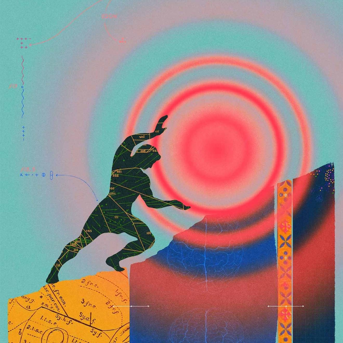 In an illustration, a silhouetted figure pushes a red ball with concentric red circles emanating from it up a hill