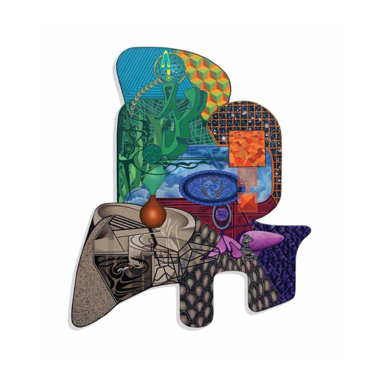 A puzzle piece with many colors, patterns and designs on it, from skies to stars to building materials and so on