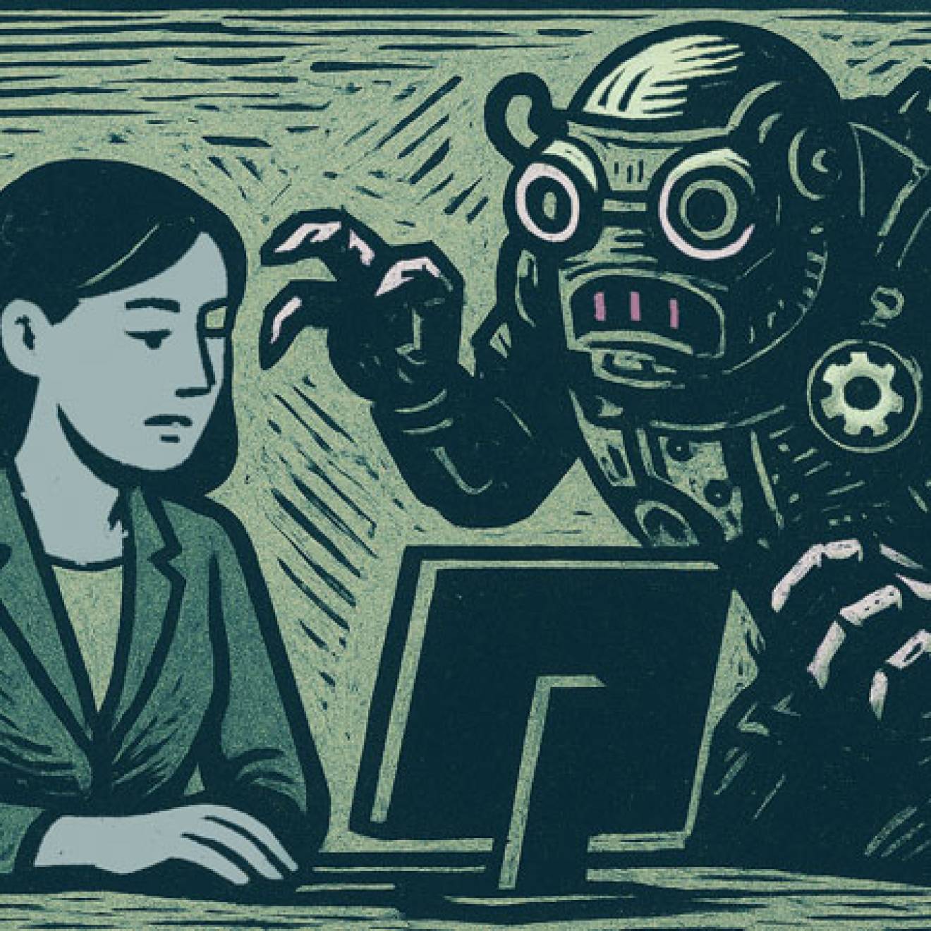 Illustration of a woman sitting at a desk looking down at her computer while a large, menacing robot looms behind her with clawed hands raised, suggesting anxiety or threat from technology.